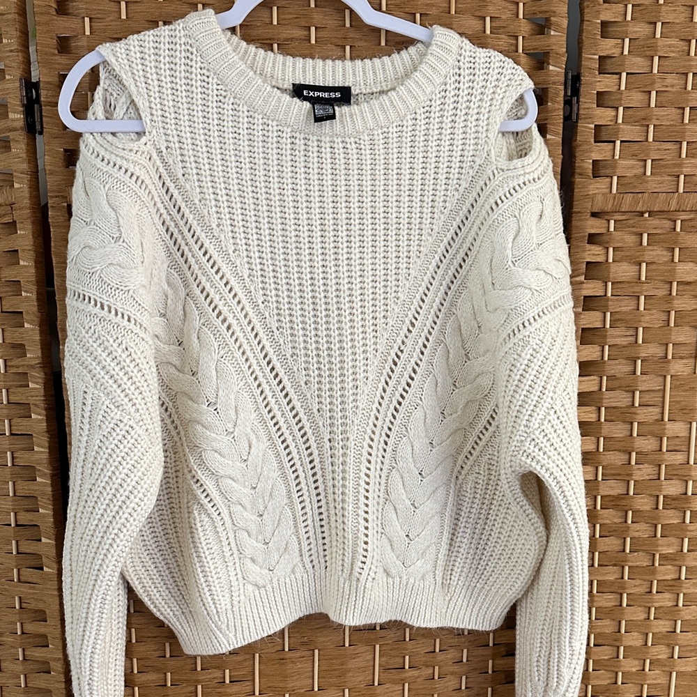 Express Cream Cable-Knit Cold-Shoulder Sweater